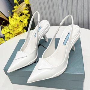 Top Designer Sandals Women 9CM High Heels True Leather Shoes Ankle Strap Triangle Rhinestone Back Empty Party slingbacks Casual Cat Heel Pointed Toe Wrap Dress Shoes
