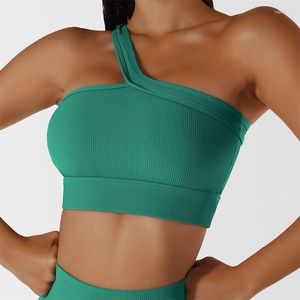 Yoga Outfit Women One Shoulder Fitness Bra Rib Solid Color Tight Sport Tank Top Gym Underwear Sexy Workout Training Removable Chest Pad