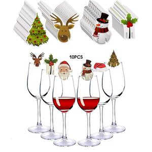 クリスマス装飾10pcワインカップカードの装飾サンタハットガラスクリスマスツリースノーマンホームデコレーションアクセサリー230907