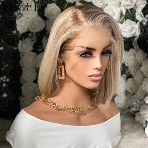 Highlight HD Lace Frontal Wig Ash Blonde Bob Front Human Hair Wigs 13x6 Side Part Short Straight