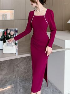 Casual Dresses 2023 Autumn Women Solid Party Dress French Elegant Long Sleeve Split Midi Vintage Lady Pearl Slim Prom Mujers