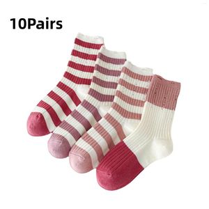 Women Socks Free Delivery 10 Pairs Of Striped Color Matching Mid Tube Spring Summer Fresh Pink Sweet Cotton Girls"