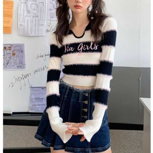 Deeptown Y2k Kpop Hippie Gestreiften Pullover Frauen Koreanische Streetwear Schlank Brief Gestrickte Top Harajuku Mode Casual Crop Top Weibliche