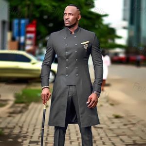 Double Breasted African Design Slim Fit Men Suits For Wedding Groom Tuxedos Dark Grey Bridegroom Man Prom Blazer Men's & Blaz269S