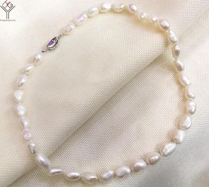 Choker 9x10mm White Baroque Pearl Handmade Necklace 17'' 43cm Women Jewelry 925 Silver Clasp Natural Freshwater