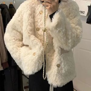 Kvinnorjackor Lucyever Fashion Faux Rabbit Fur Women Autumn Winter Double Breasted Thicken Warm Outterwear Korean O Neck Coat 230908