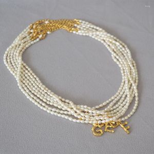 Choker Simple White Oval Freshwater Baroque Pearls Beads Necklace For Women Golden Bamboo Letters Trendy Statement Jewelry