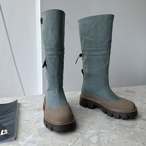 Stövlar koreanska färgmatchning denim knä höga stövlar runda tå tjock suled knapp design boot mode botasde mujer kvinnor skor 230907