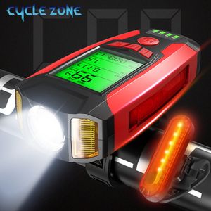 Luci per bici 5 in 1 Luce di ricarica USB per bicicletta con computer Tachimetro LCD Contachilometri Modalità impermeabili Lampada da ciclismo per clacson 230907