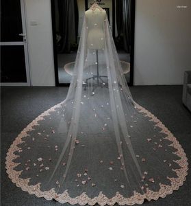 Veli da sposa Splendido velo da sposa rosa 400 cm con applicazioni floreali in pizzo Vestido De Noiva Longo Elegante su misura