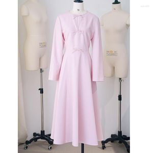 Casual Dresses High Quality Temperament 3 Color Wool Silk Sweet Maxi Women 23 Fashion Elegant Long Sleeve O Neck Three Bows Slim Dress