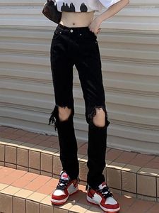 Kvinnors jeans mode rippade rakt för kvinnor högt midja hål denim byxor kvinnliga vintage streetwear svart brett ben