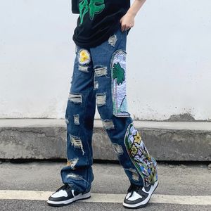 Erkekler Kot 2023 Grunge Giysileri Y2K Sokak Giysesi Baggy Yığılmış Yırtık Pantolon Erkekler için Patch Nakış Hip Hop Denim Pantolonlar Ropa Hombre 230907