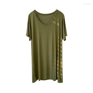 Etniska kläder Modal V-ringning Kortärmad mellanlängd T-shirt Kvinnor Summer Army Green Loose Casual Solid Color kjol Top