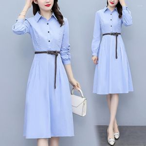Casual Dresses Classic Lapel Collar Blue Color Shirt For Women 2023 Spring Autumn Office Lads Long Sleeve Elegant Slim Dress