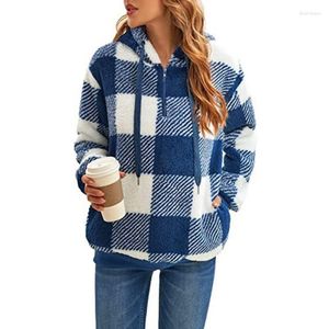 여성용 후드 플러시 코트 가을/겨울 긴 소매 후드 격자 무늬 주머니 느슨한 스웨터 캐주얼 스웨트 셔츠 까마귀