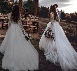 Boho-Kleider mit langen Ärmeln und D-Blumenapplikationen, Tüll, A-Linie, U-Ausschnitt, Sweep-Zug, Strand-Landhochzeitskleid, Übergröße, Vestido De Novia e