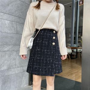 Skirts Rimocy Korean Style High Waist Plaid Women Autumn Winter Woolen Mini Skirt Woman Retro Button A Line Faldas Mujer Moda