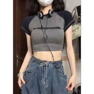 Deeptown Y2k Kpop Patchwork Grey T-shirts Women Korean Streetwear Slim Short Sleeve Crop Top Female Harajuku Casual Letter Tees