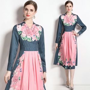 Kvinnor tryckt klänningsbutik långärmad blommig klänning 2023 Autumn New Floral Dress High-End Temperament Lady Dresses ol Runway Dresess