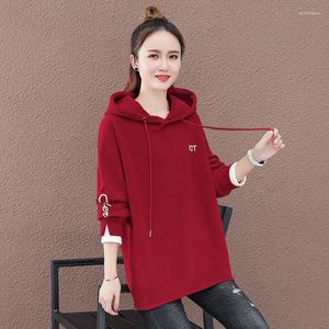 Hoodies femininos primavera outono estilo impresso retalhos cor sólida draw string manga longa casual solto camisolas 4068