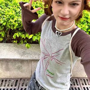 Deeptown Hippie Vintage Y2K Örümcek T-Shirts Kadın Harajuku Kpop İnce Patchwork Uzun Kollu Mahsul En İyi Amerikan Sokak Giyim Tshirts