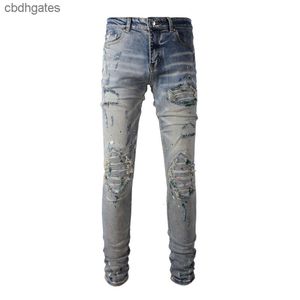 High Jean Amiirii Fashion Purple 2023 Demin Jeans Street Mens Cut Hole Speckle Graffiti Patch Elastic Slim Fit Pants #883