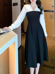 캐주얼 드레스 대비 컬러 패션 가을 가을 소프트 여성의 클래식 사무실 레이디 세련된 주름 슬리브 슬림 허리 여자 드레스