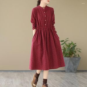 Casual Kleider 2023 Ankunft Vintage Print Floral Langarm Herbst Kleid Kordelzug Büro Dame Arbeit Mode Frauen