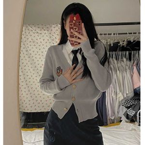 Deeptown Y2k japanischer Stil grauer Coquette Pullover Cardigan Damen Vintage Preppy JK Uniform Tunika abgeschnitten Strick Top Pullover weiblich