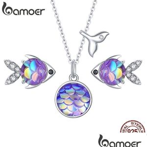 Colares Pingente 925 Sterling Sier Roxo Peixe Jóias Conjunto Feliz Tropical Litte Brincos Colar Para Mulheres Moda Sce1028 221109 Dr Dhu9C