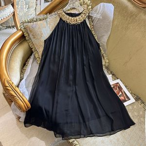 2023 Summer Black Solid Color Beaded Dress Sleeveless Round Neck RhinestoneKnee-Length Casual Dresses S3S01M200