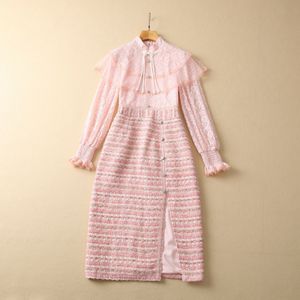 2023 PINK / Blue Diled Drity Drity Dress Tweed Dress Long Sleeve Stand Collar Buttons Midi Disual Dresses S3F131623 Plus XXL