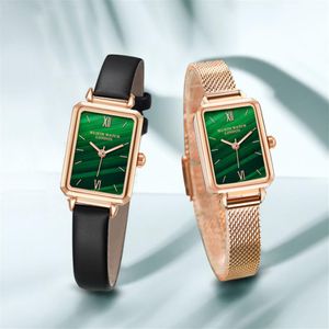 Retro Green Dial Simple Temperament Womens Watch Quartz Stundents Watches Net Steel Belt och äkta läderband Speicial Scener275Z