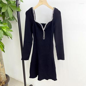 Casual Dresses 2023 Arrive Slim Knitted Black Women Mini Dress Square Collor Full Sleeve Rhinestone Edging Female Short