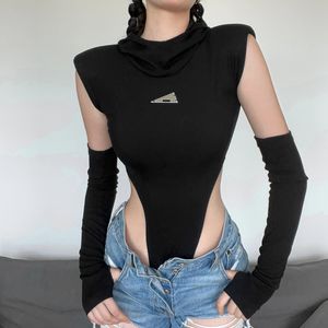 Women Black Bodysuits Fashion Streetwear Appliques Hooded Tops With Cuff 2023 New Spring Autumn Rompers