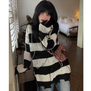 Deeptown Grunge Y2k винтажный полосатый свитер женский Harajuku модный джемпер нестандартной формы с отверстиями уличная одежда вязаный топ в стиле хиппи