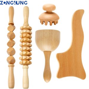 フルボディマッサージャーZongkung Anti Cellulite Wood Therapy Massage Tools Wooden Roller Gua Sha Cup Maderoterapia Kit for Lymphatic Drainage 230907