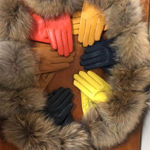 Women's Genuine Leather Gloves Real Raccoon Fur Gloves Fur Big Raccoon Sheepskin Female Winter Velvet Warm Touch266K