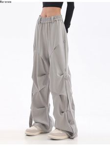 Women's Pants Capris Y2K Casual Women's Wide Leg Elastic Waist Pants Summer Korean Streetwear Oversized High Waist Joggers Grey Pleated Trousers 230907