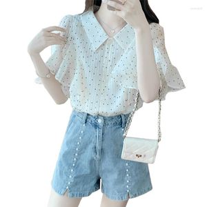 Women's Blouses Spot Polka Dot Shirt Sweet Design Unique Temperament Round Neck Ruffled Chiffon Women