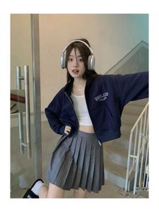 Deeptown Harajuku Y2K Letter Zip Up Hoodies Women Korean Style Hippie Gray Cropped Sweatshirts Oversize Kpop Long Sleeve Tops