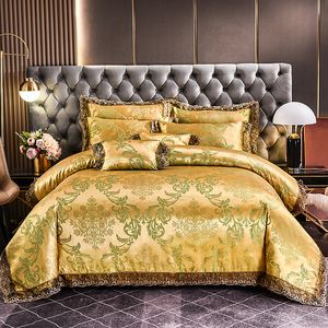 Conjuntos de cama s luxo jacquard conjunto casa rainha king size conjunto 4 pcs capa de edredão fronhas cama folha dourada jacquard 230907