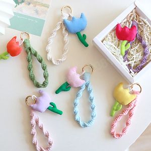 Fashion Tulip Keychain Hand-woven Cotton Rope Keyring Bracelet Cute Flower Pendant Keychains Bag Car Key Decor Accessories