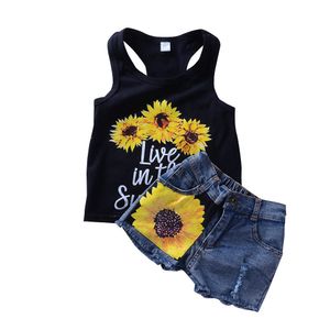 Summer Flower Print barnkläder Set Sunflower Söt Vest Jeans Kläder Baby Girl Sleeveless Clothes Birthday Party Gift 2633