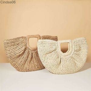 New Simple Solid Color Vacation Beach Bag Womens Portable Moon Leisure Straw Woven Tote Bag Handbag For Woman