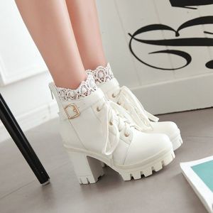 Boots Chelsea boots Patchwork Hollow Lace Women Lolita Shoes Platform Chunky High Heel Lace Up Bow Ankle Boots Sweet Party 230907