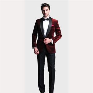 Ternos masculinos blazers borgonha veludo fino ajuste 2021 noivo smoking casamento dos homens feitos sob encomenda padrinhos terno de baile preto pant308f