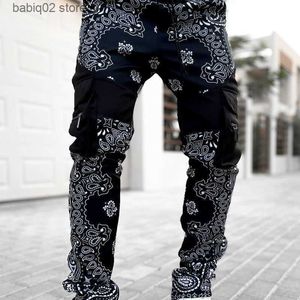 Jeans masculinos esportes e fitness harem calças novo multi-bag macacão casual masculino solto magro high street moda retro lace-up calças t230908