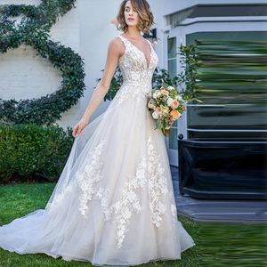 Elegante a linha vestidos de casamento renda appliqued aberto volta longo boho praia vestidos de noiva sem mangas com decote em v verão noiva wear